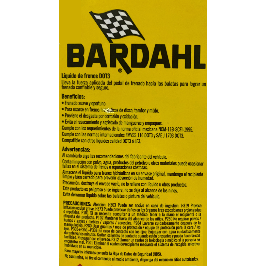Líquido de Frenos Bardahl DOT 3 LF-3 900 ml para Sistema ABS, Disco y Tambor
