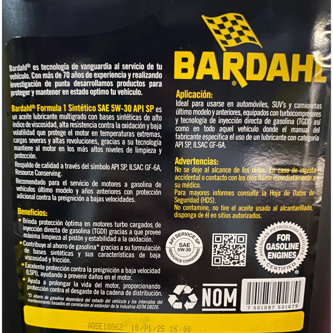 Aceite Sintético para Motor a Gasolina Bardahl Fórmula 1 SAE 5W-30 API SP