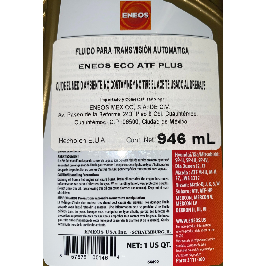 Líquido de transmisión automática Eneos Eco ATF Plus 946 ml 100 % sintético