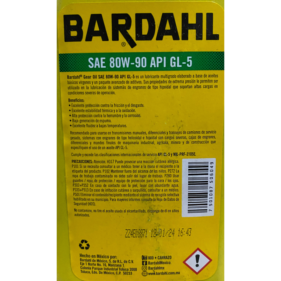 Gear Oil 80W-90 API GL-5 – Fluido para Transmisión Manual BARDAHL